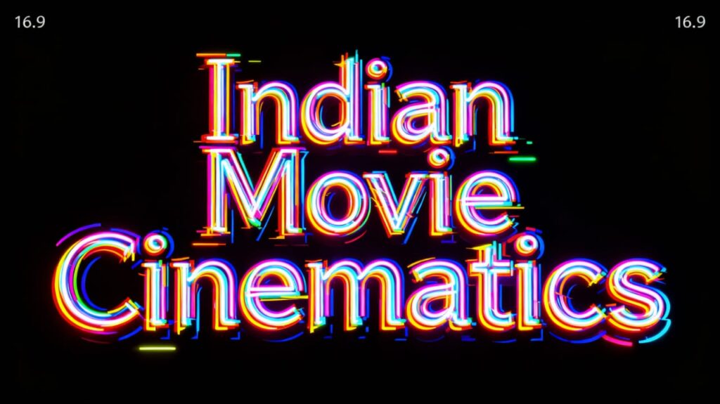 Neon multicolored text reading “Indian Movie Cinematics” on a black background.