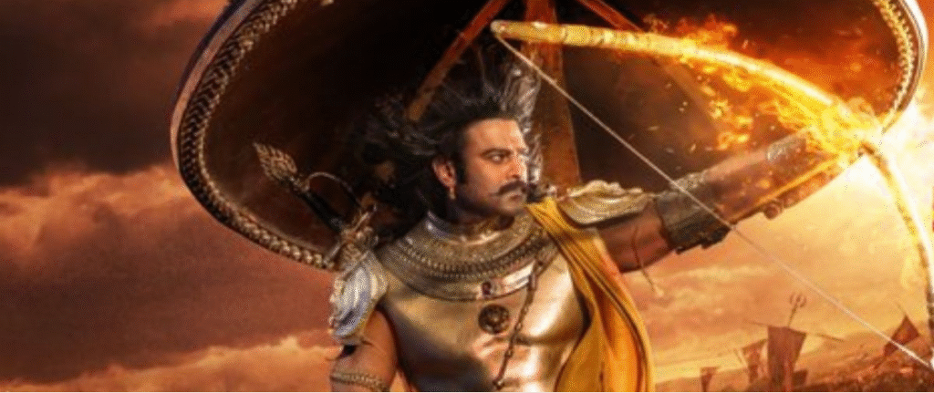 Armored, long-haired warrior draws a bow against a fiery orange sky.