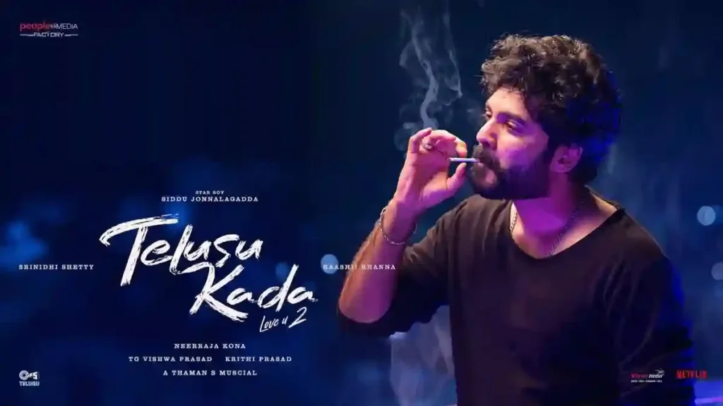 Telusu Kada poster featuring Siddhu Jonnalagadda holding a cigarette against a blue-purple background
