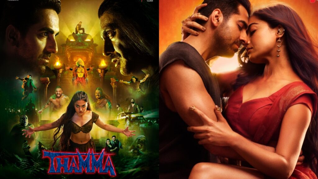 Split Thamma artwork: a fantasy-horror ensemble poster beside a couple embracing.