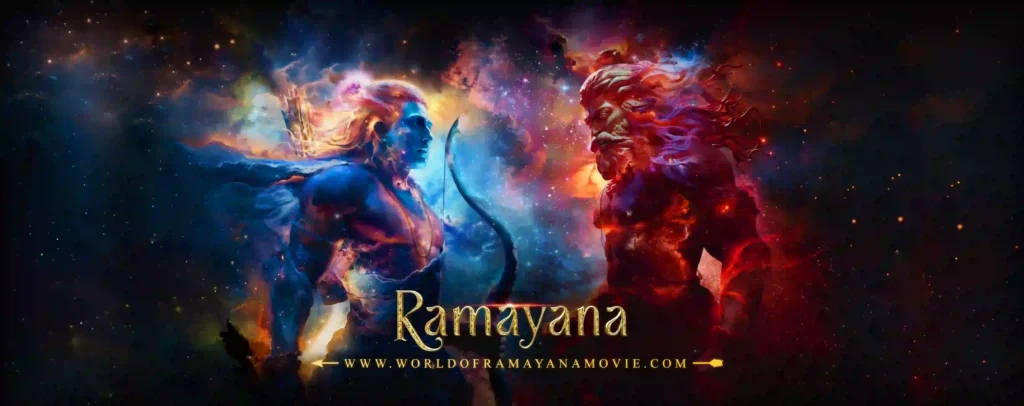 Ramayana banner showing a blue-skinned archer facing a red-toned bearded figure, with the film title below.