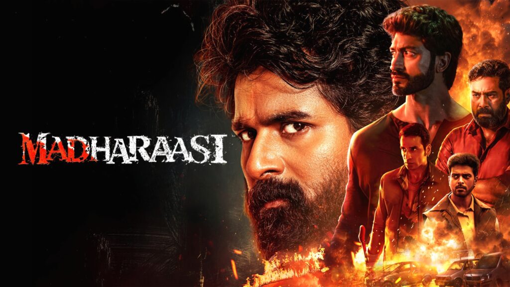 Madharaasi film poster with a large central male portrait, smaller character portraits, flames and action scenes.