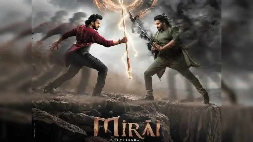 Two men clash with weapons on rocky ground beneath a glowing beam; Mirai: Super Yodha logo appears below.