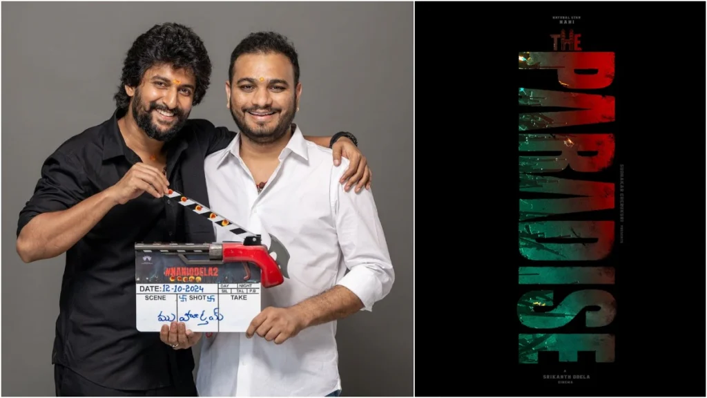 Two men pose with a film clapperboard beside a vertical Paradise title graphic.