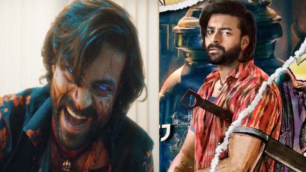 Split image of a bloodied, blue-eyed man beside a bearded man in a red patterned shirt holding a blade.