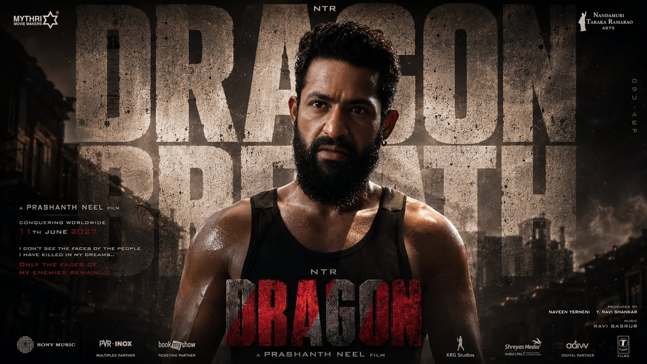 Jr. NTR in a dark Dragon poster with the film title and June 11, 2027 release date.