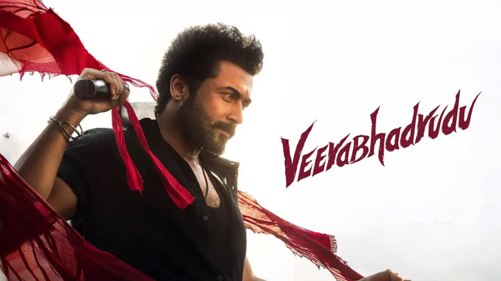 VeeraBhadrudu film poster showing a bearded man in black holding red fabric beside the film title.