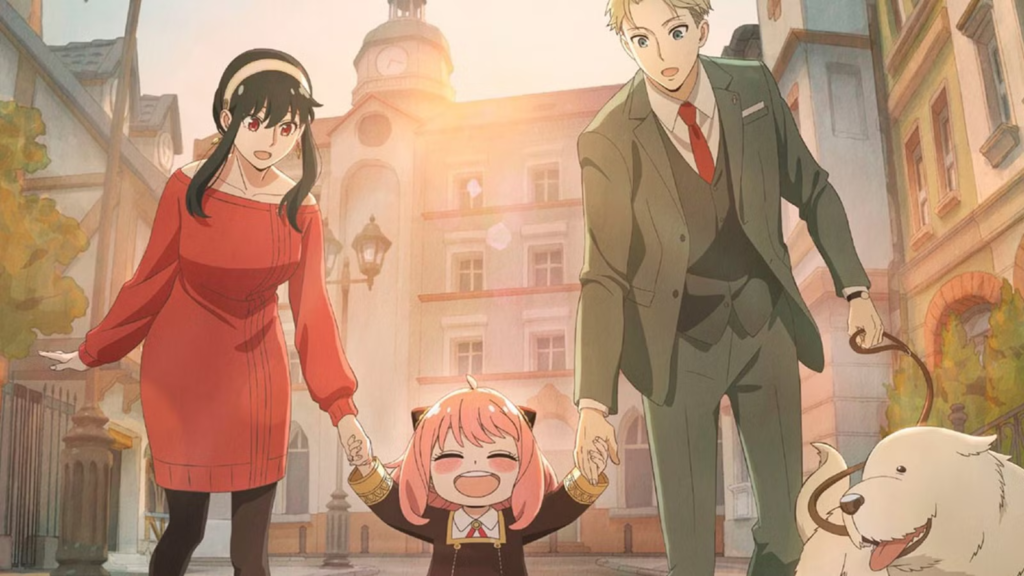 Anime illustration of a black-haired woman, pink-haired girl, blond man, and white dog walking together on a city street.