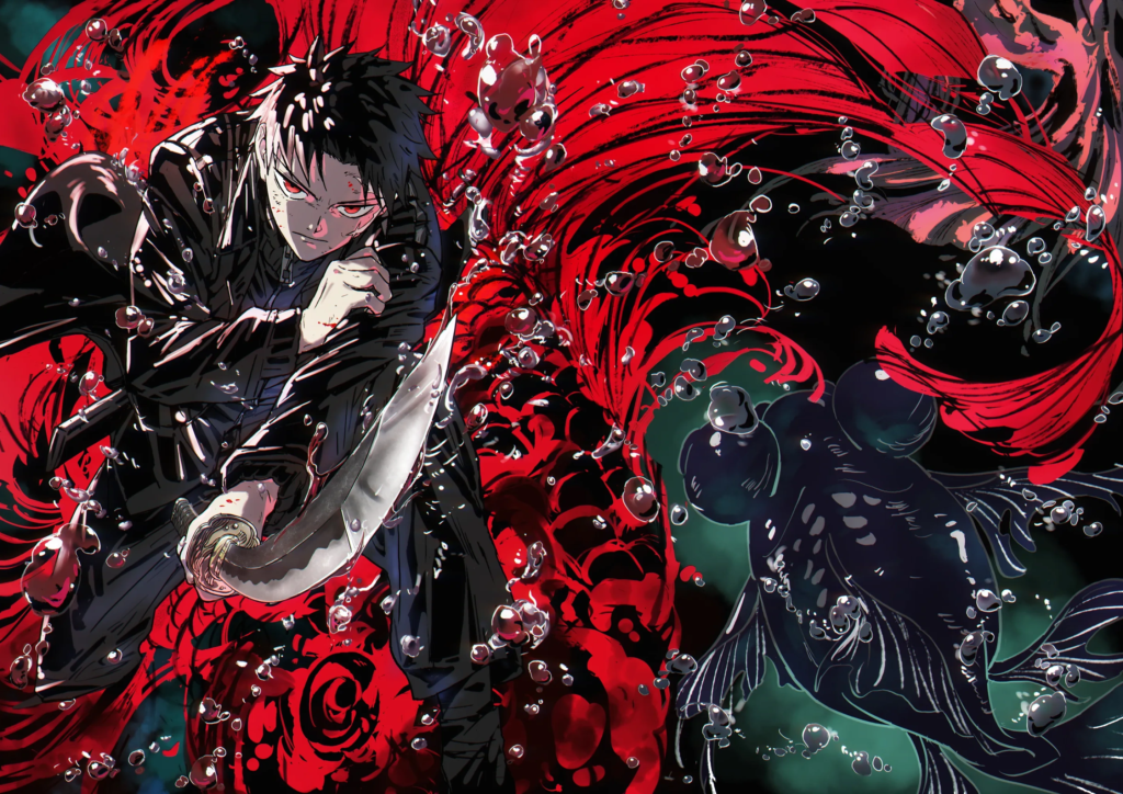 Anime-style black-haired swordsman holding a blade amid red swirling forms and shadowy figures.