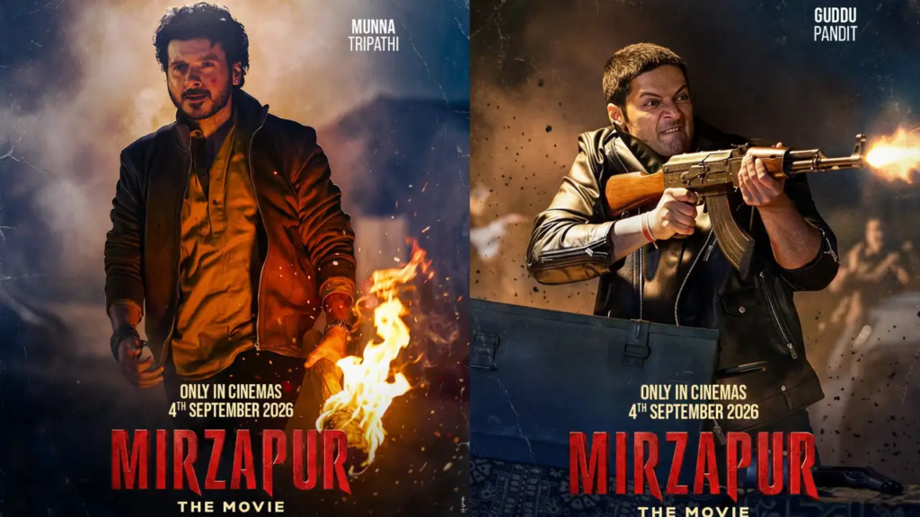 Split Mirzapur: The Movie poster showing two men, flames, and gunfire; release date shown as September 4, 2026.