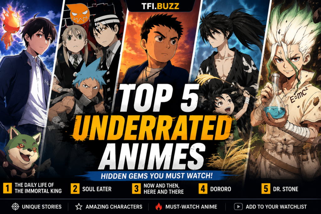 Collage of anime characters labeled as five underrated series, including Soul Eater, Dororo, and Dr. Stone.