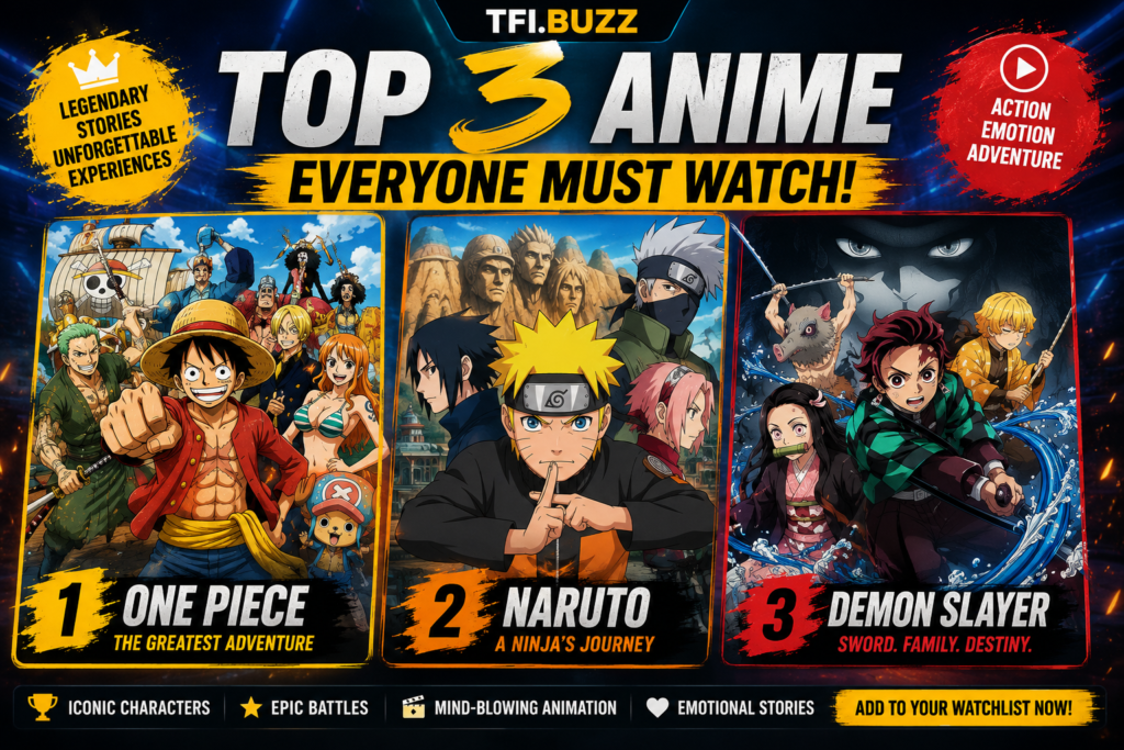 Anime watchlist graphic featuring One Piece, Naruto, and Demon Slayer, ranked 1–3.