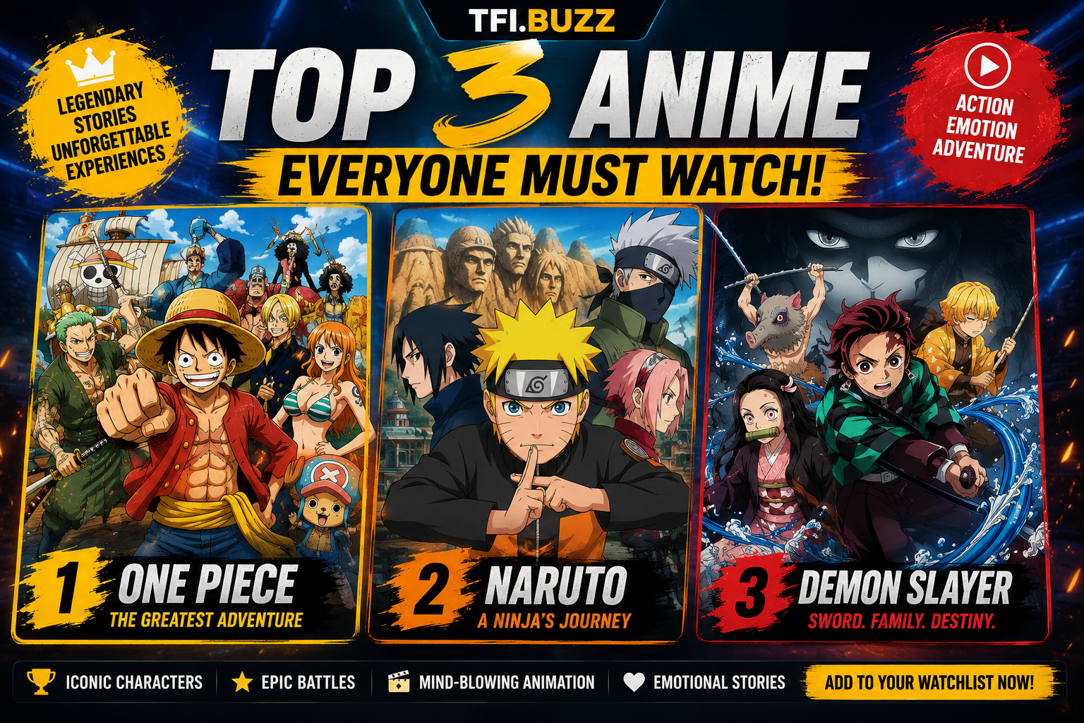 Anime watchlist graphic featuring One Piece, Naruto, and Demon Slayer, ranked 1–3.