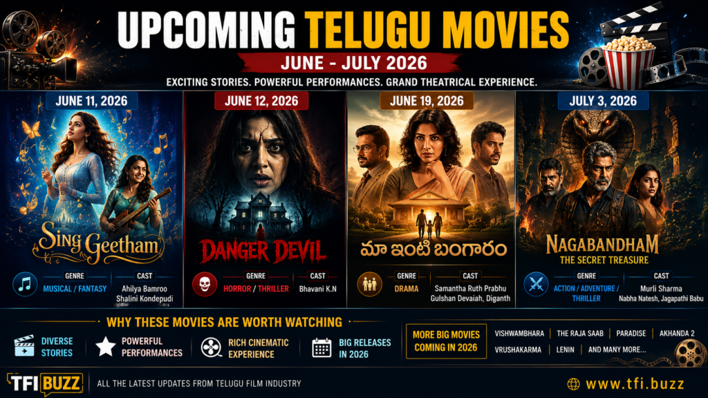 Poster listing four upcoming Telugu movies with illustrated panels, release dates, and genres for June–July 2026.
