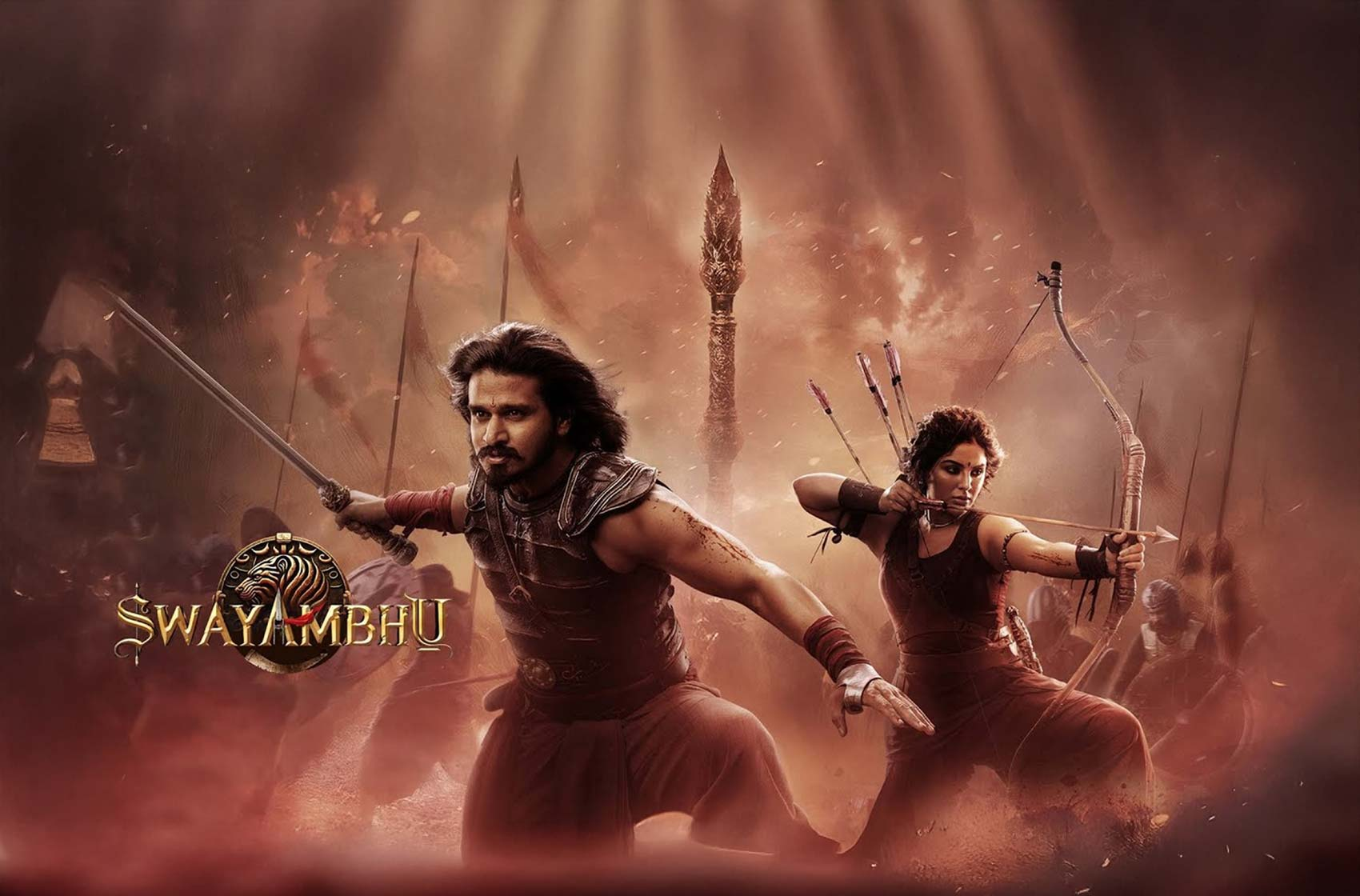 Swayambhu title artwork with an armed man and an archer amid a smoky battlefield.