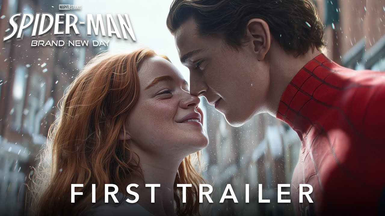 Spider-Man in a red suit faces a smiling red-haired woman, with ‘Spider-Man: Brand New Day’ and ‘First Trailer’ text.