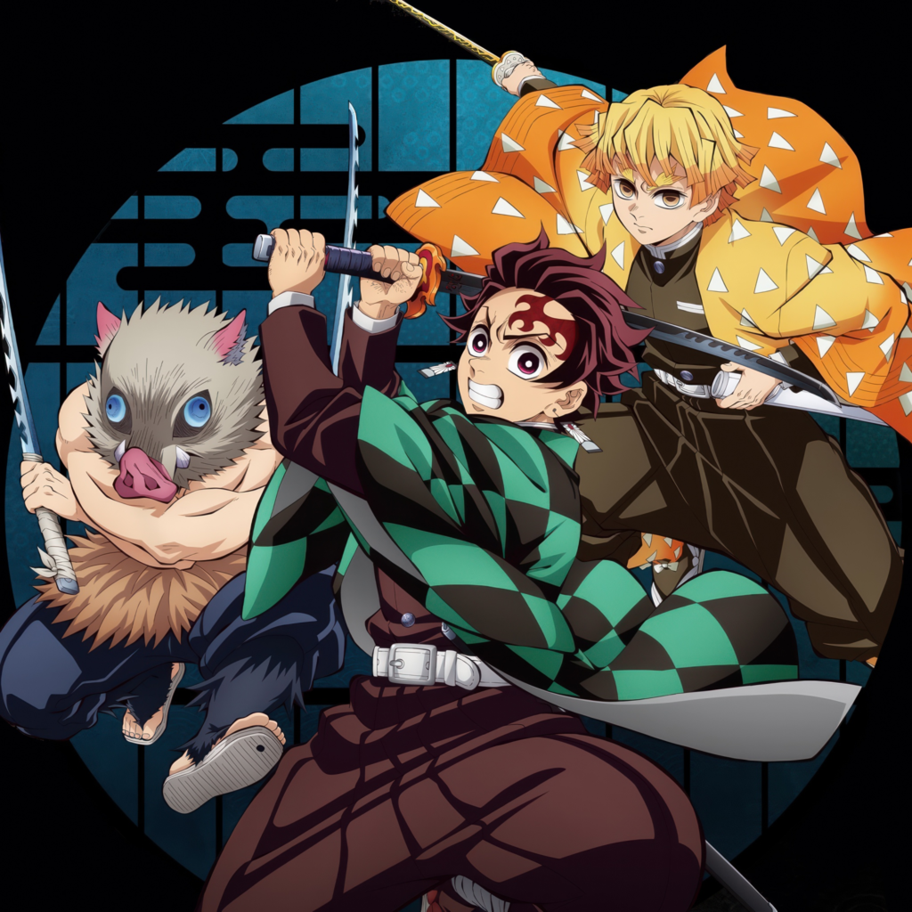 Anime illustration of three sword-wielding characters, including a boy in a green-and-black checkered haori.