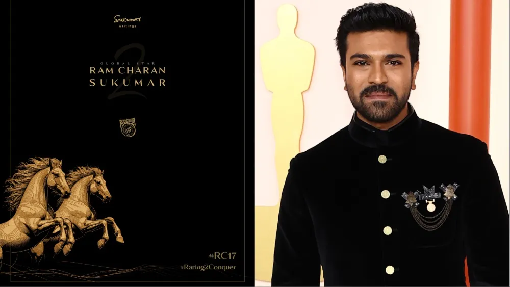 RC17 graphic with illustrated horses beside a portrait of Ram Charan in a black suit.