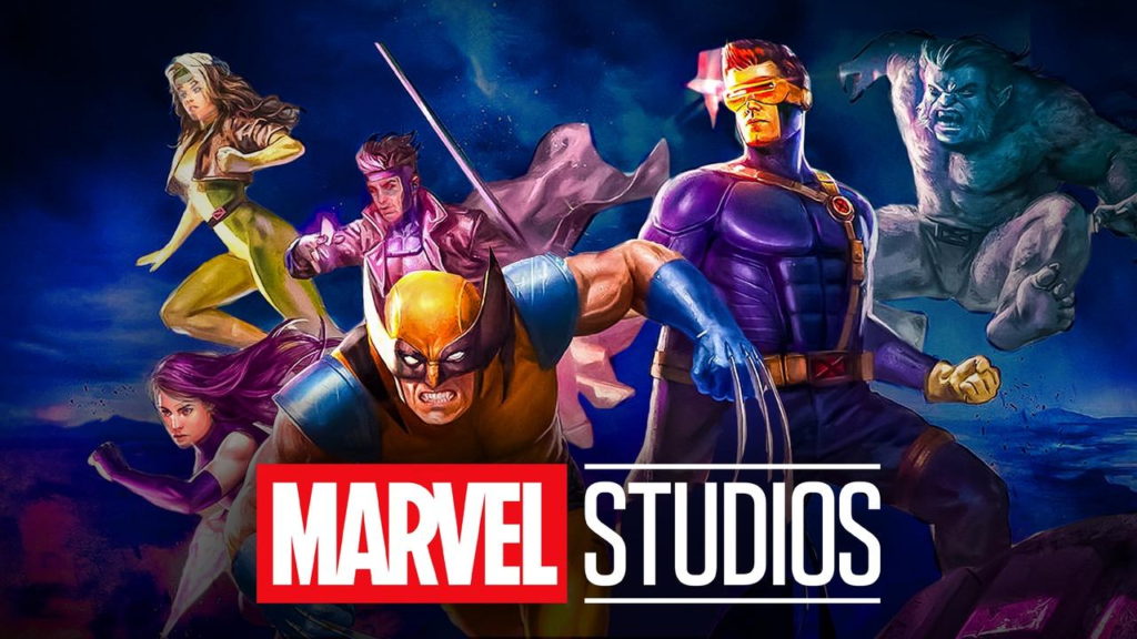 Illustration of costumed Marvel mutant characters above the Marvel Studios logo.