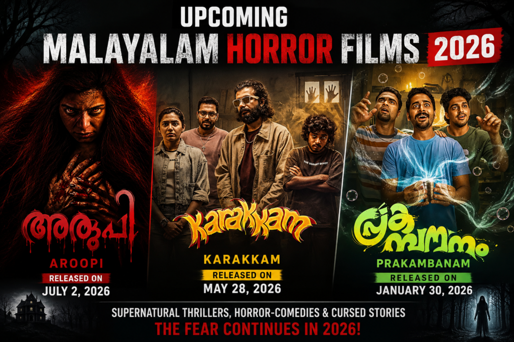 Graphic for upcoming Malayalam horror films 2026, featuring poster panels for Aroopi, Karakkam, and Prakambanam.