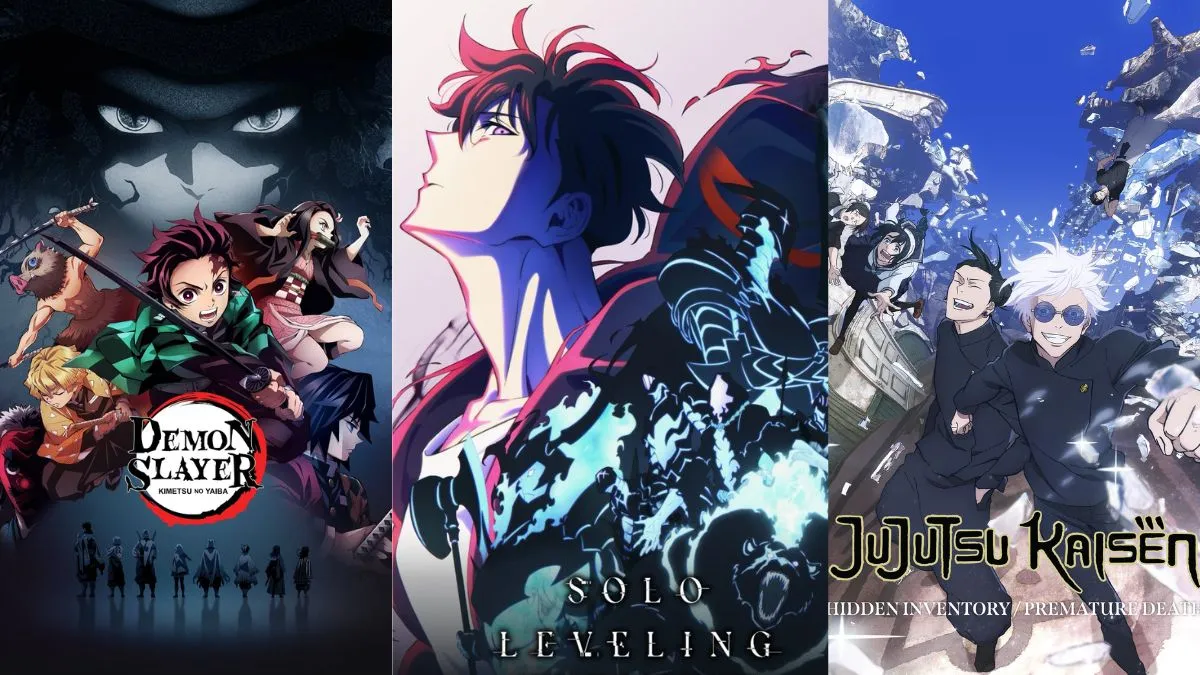 Three-panel anime collage featuring Demon Slayer, Solo Leveling, and Jujutsu Kaisen artwork.