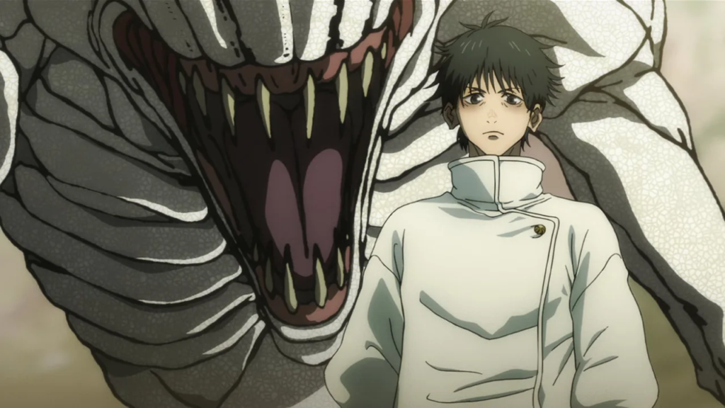 Anime character in a white uniform stands beside a large, open-mouthed creature.