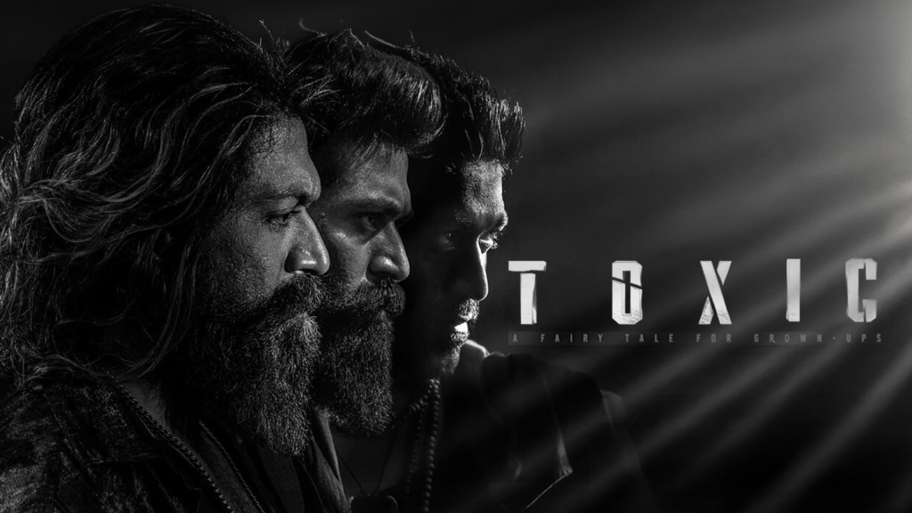 Three male profiles beside the title “Toxic: A Fairytale for Grown-Ups” in a monochrome promotional image.