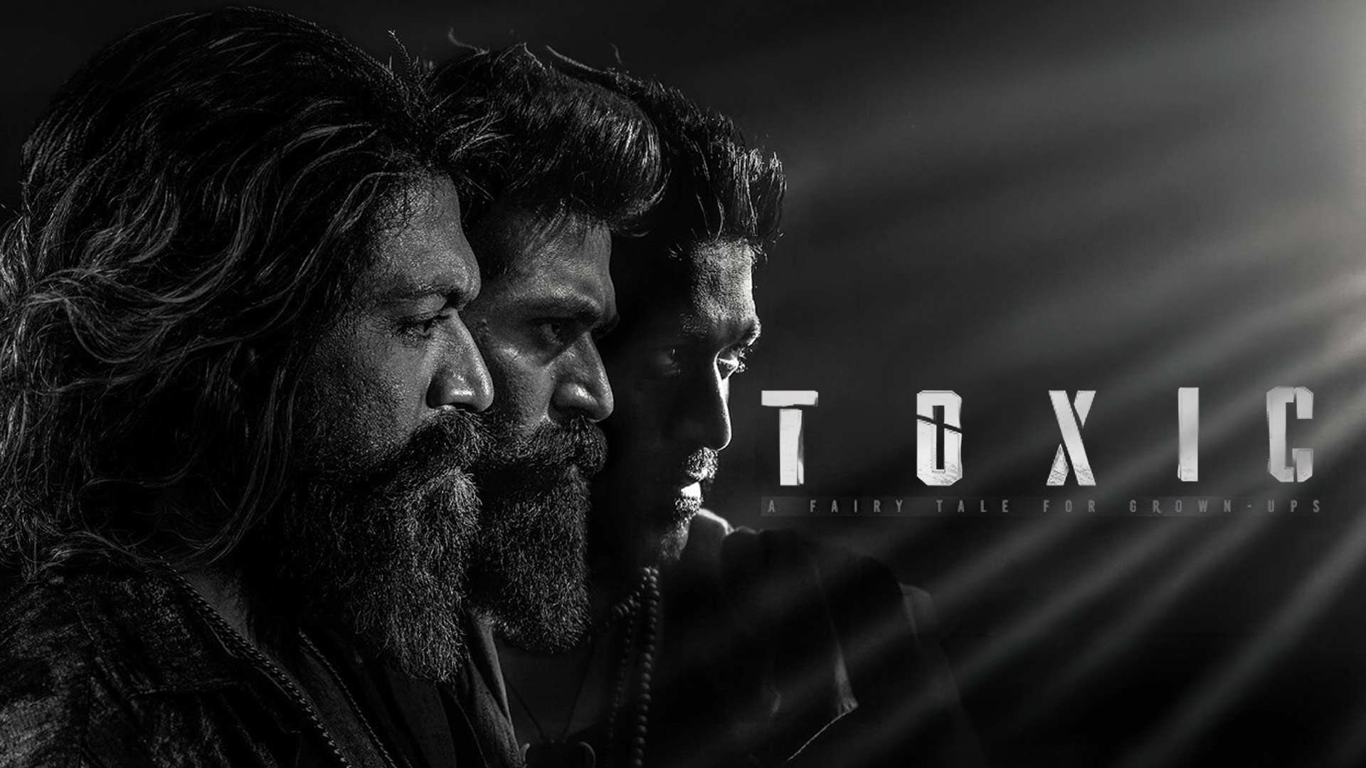 Three male profiles beside the title “Toxic: A Fairytale for Grown-Ups” in a monochrome promotional image.