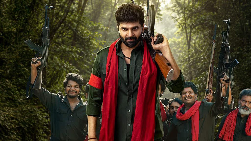 A man in a red scarf holds a rifle as armed people gather in a forest.