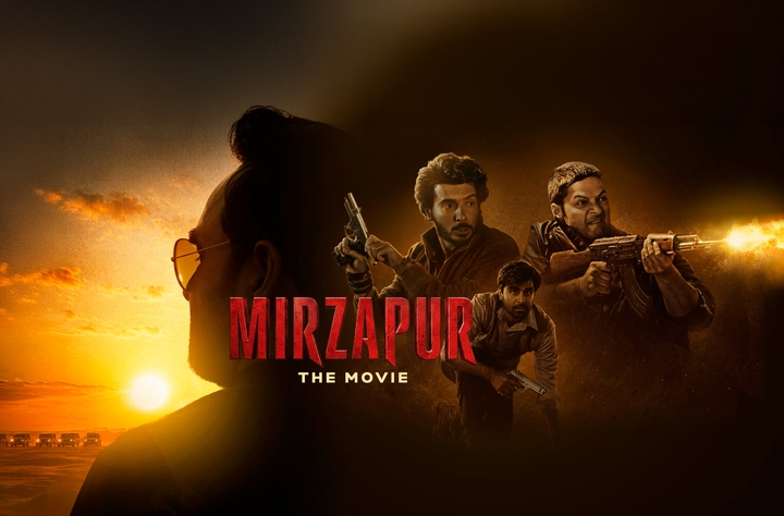 Mirzapur The Movie poster with a man in sunglasses and armed figures against an orange sunset.