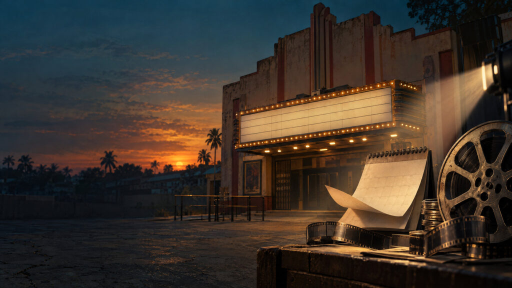 Original editorial illustration of a sunset cinema marquee, calendar and film reel, symbolizing the postponed Aadarsha Kutumbam release.