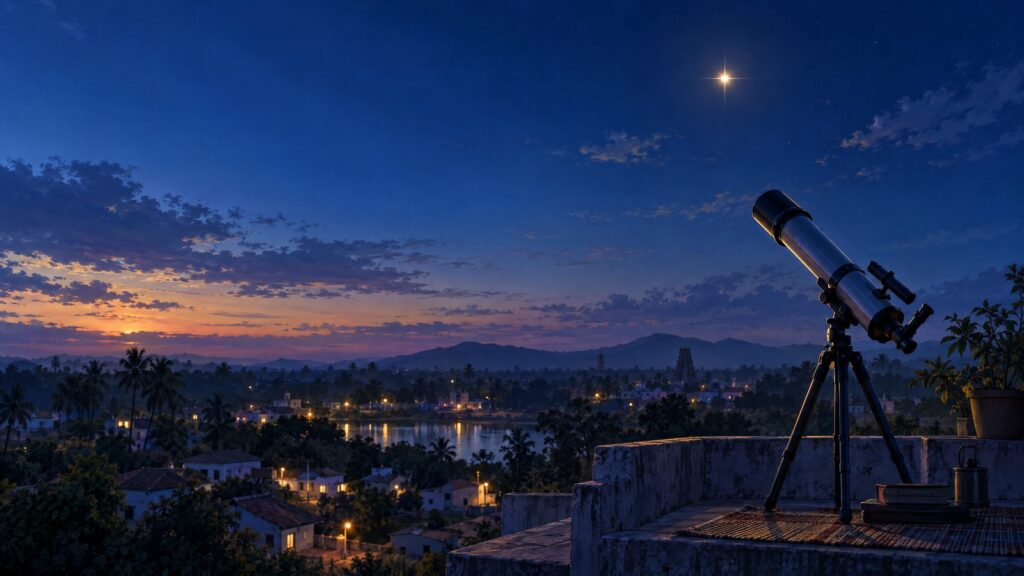 Telescope under a bright star above a village at dusk, original Aakasamlo Oka Tara teaser cover illustration.