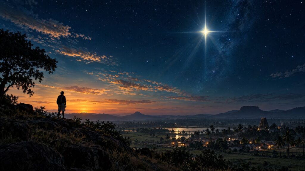 Luminous star above an Indian landscape at dusk, an editorial illustration for Aakasamlo Oka Tara teaser news.