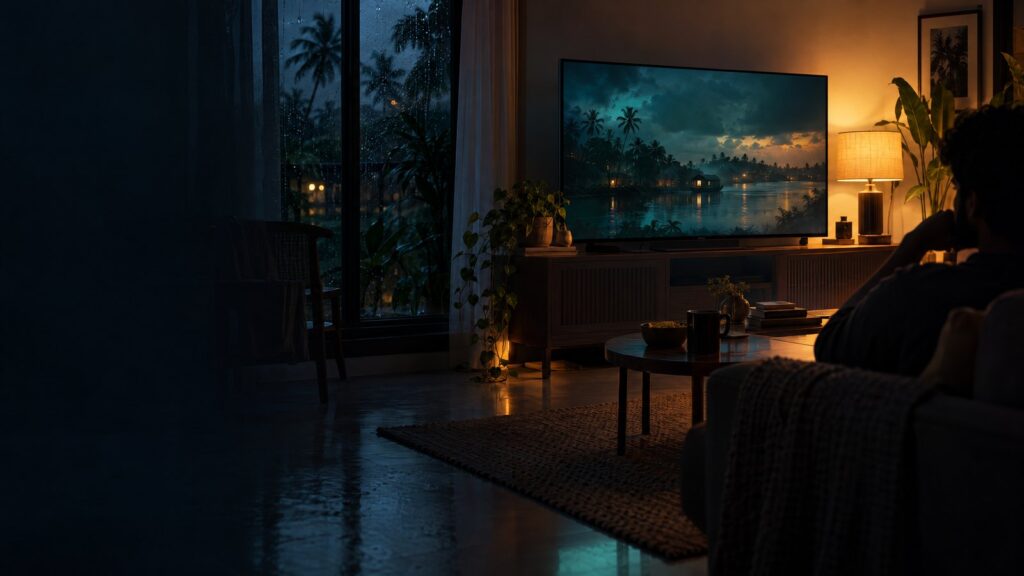Original editorial illustration of a Kerala living room with a viewer watching a television amid rain and tropical foliage.