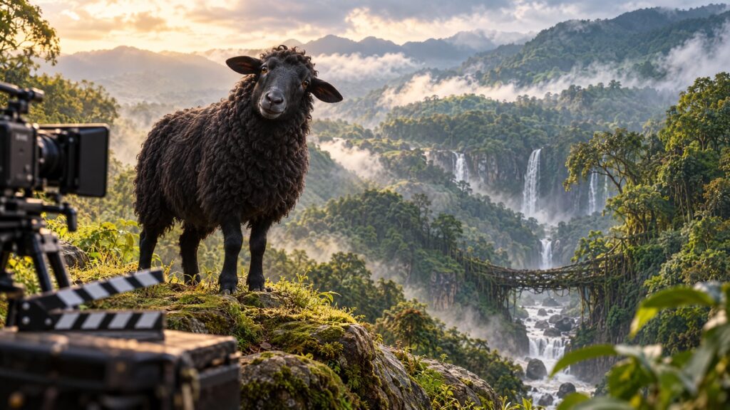 Original illustration of a black sheep on a misty Meghalaya film set, created for coverage of Baa Baa Black Sheep.