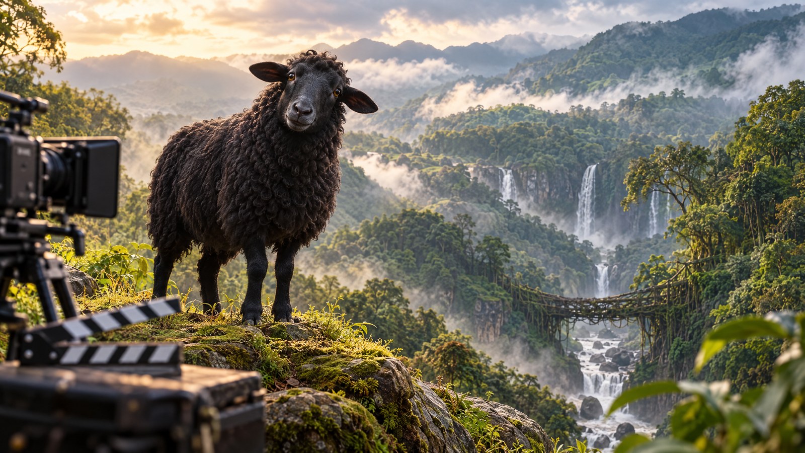 Original illustration of a black sheep on a misty Meghalaya film set, created for coverage of Baa Baa Black Sheep.