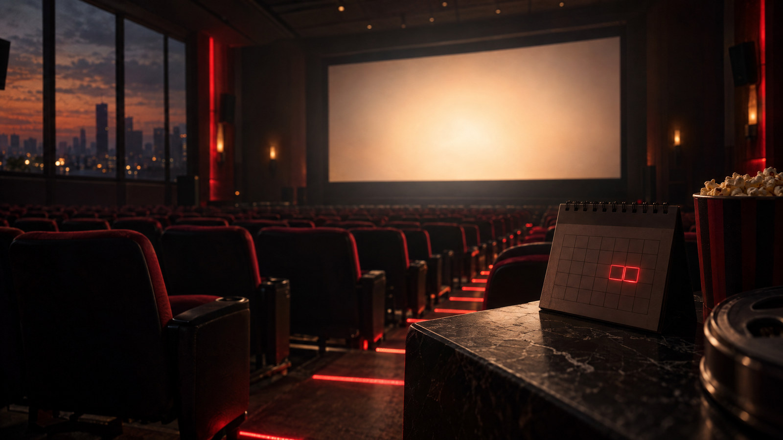 Original editorial artwork of an empty cinema auditorium and a red-lit calendar for the Cult trailer date update.