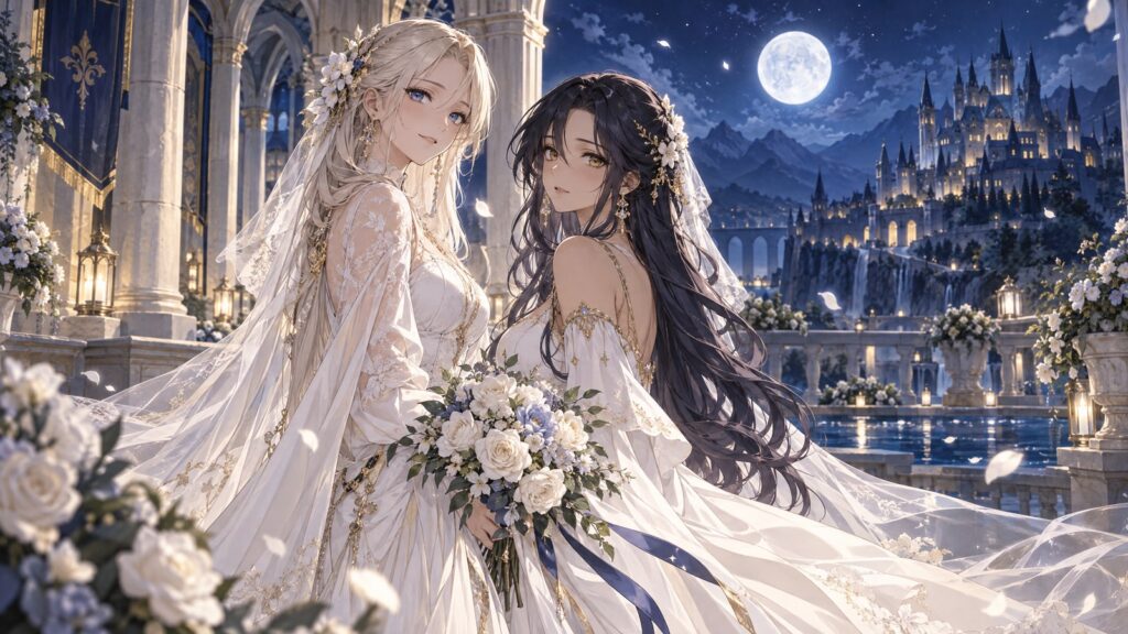 Original editorial illustration of two fantasy characters in ceremonial gowns before a moonlit castle.