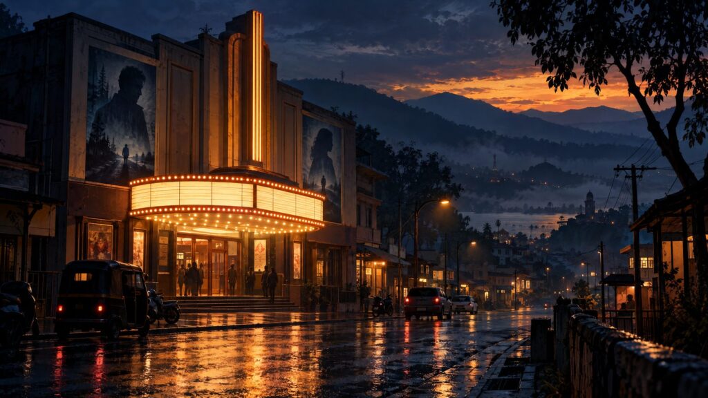 Glowing small-town cinema on a rain-darkened Indian street at dusk, illustrating a Drishyam box-office report.