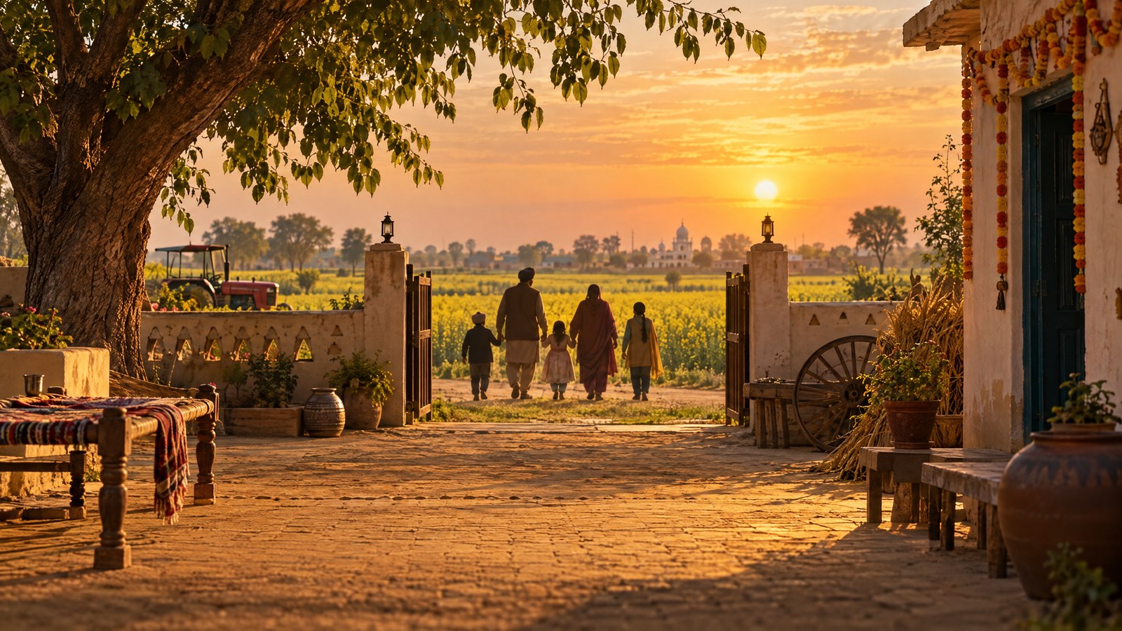 Original editorial illustration of a Punjabi family walking toward mustard fields at sunset.