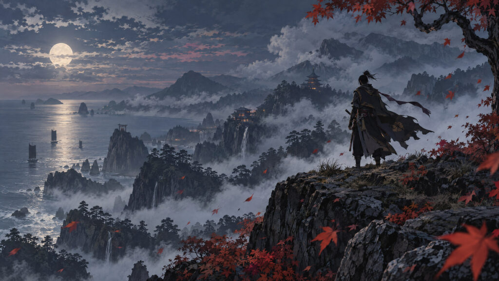 Original anime-style illustration of a lone samurai overlooking misty mountains at dusk, created for Ghost of Tsushima: Legends anime news.