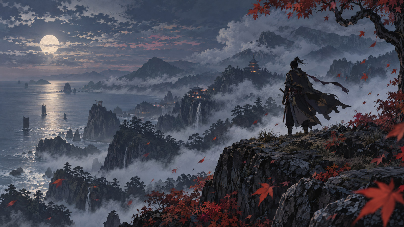 Original anime-style illustration of a lone samurai overlooking misty mountains at dusk, created for Ghost of Tsushima: Legends anime news.