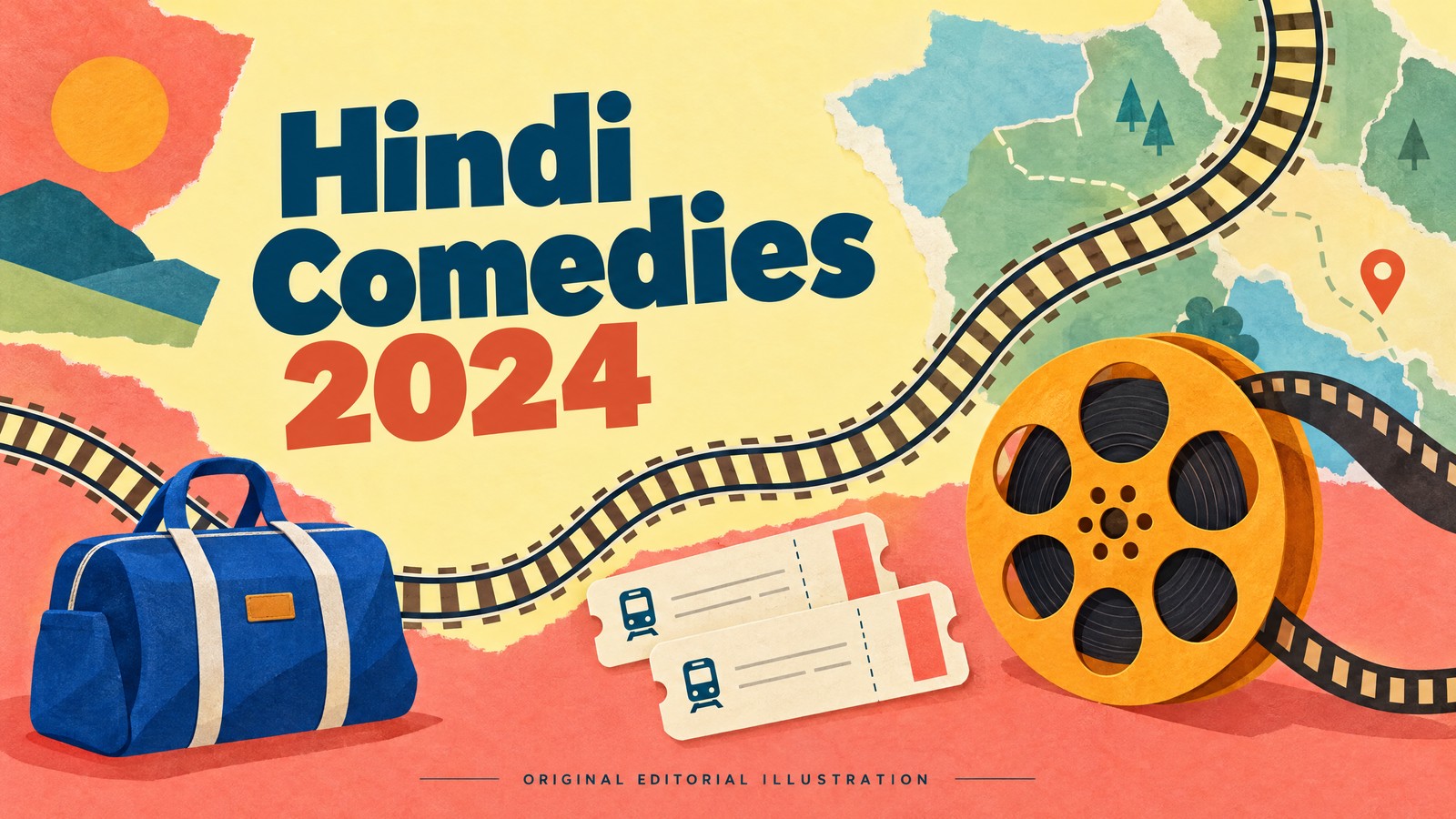 Original editorial illustration for Hindi comedy movies of 2024: two train tickets, a blue bag, a railway route and an orange film reel.