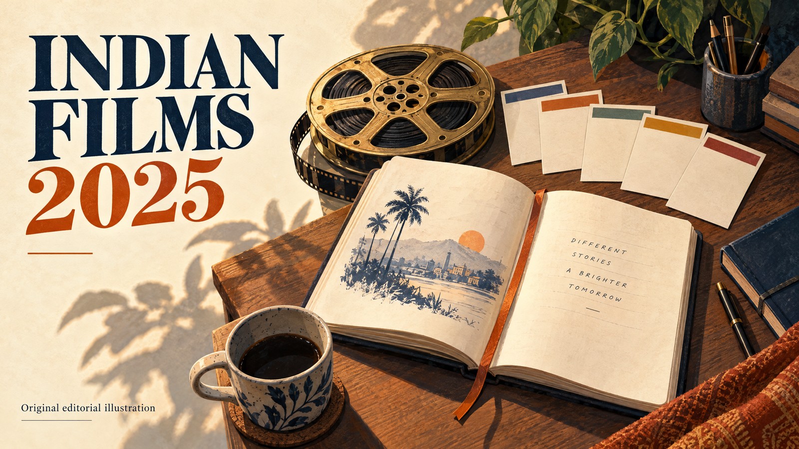 Original editorial illustration for Indian movies of 2025: a film reel, open story notebook and five blank cards.