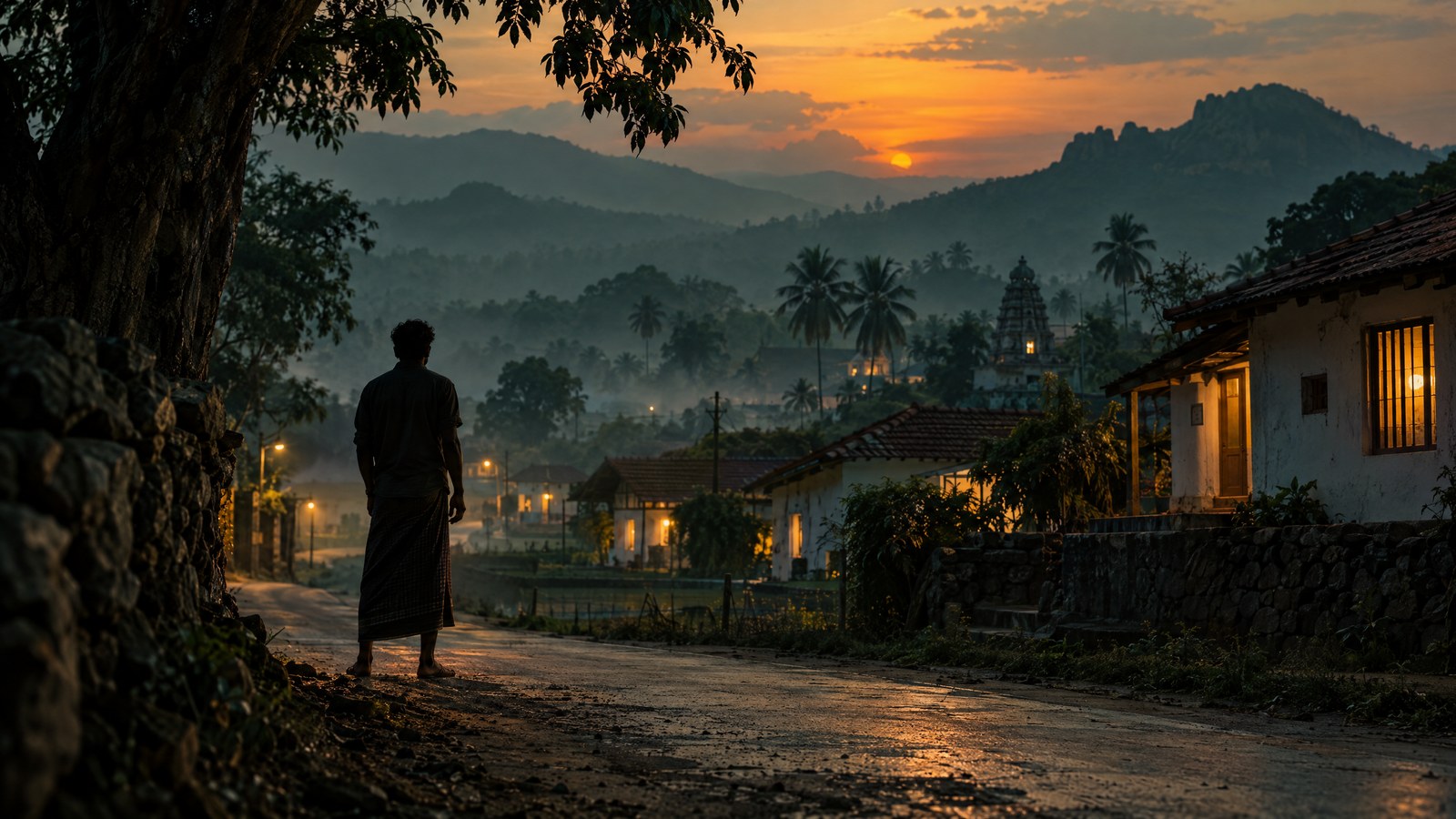 Cinematic twilight view of a South Indian village street, with an anonymous figure silhouetted beneath a tree.
