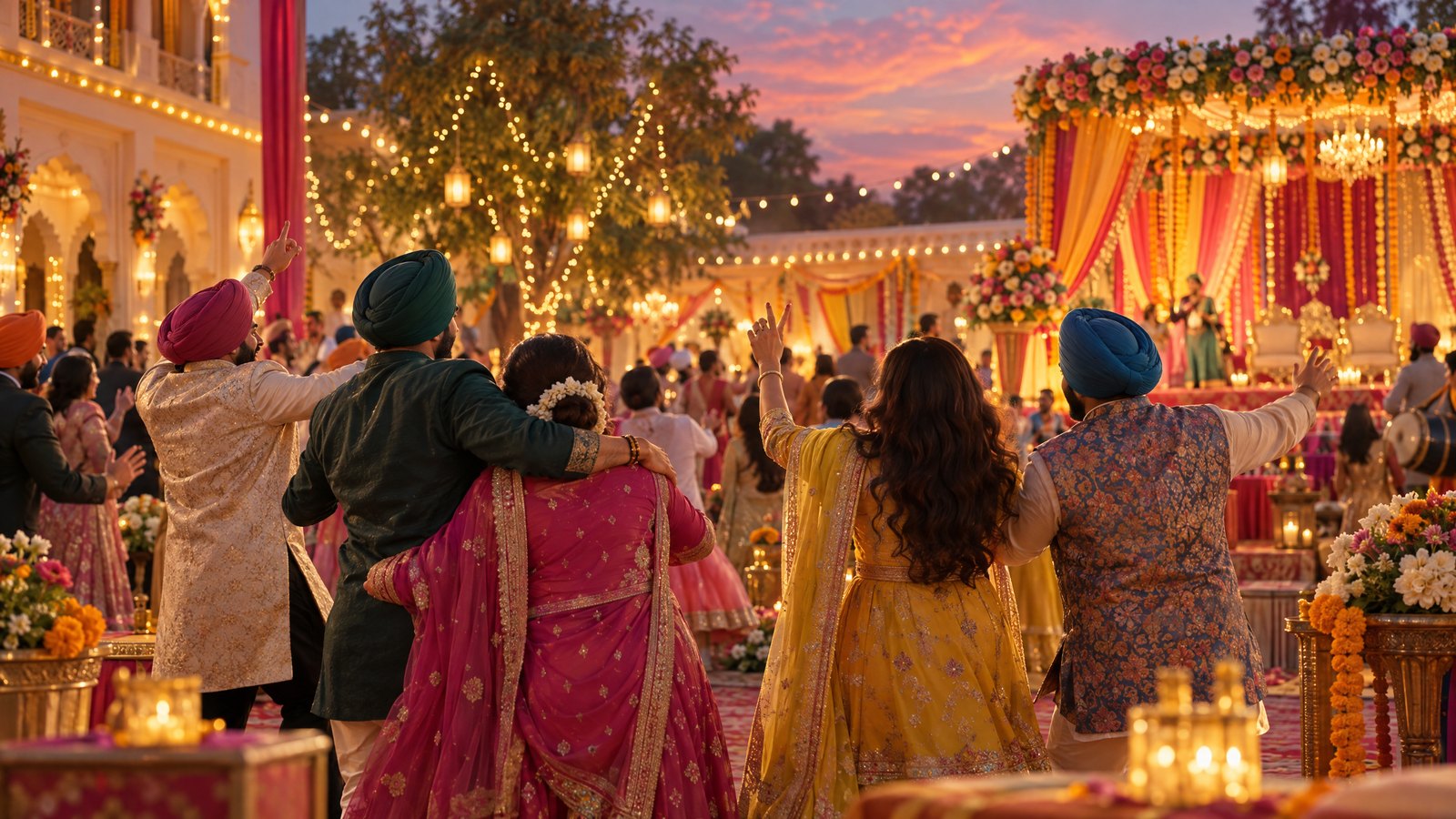 Original editorial illustration of a Punjabi wedding courtyard with fictional guests celebrating under warm lights.