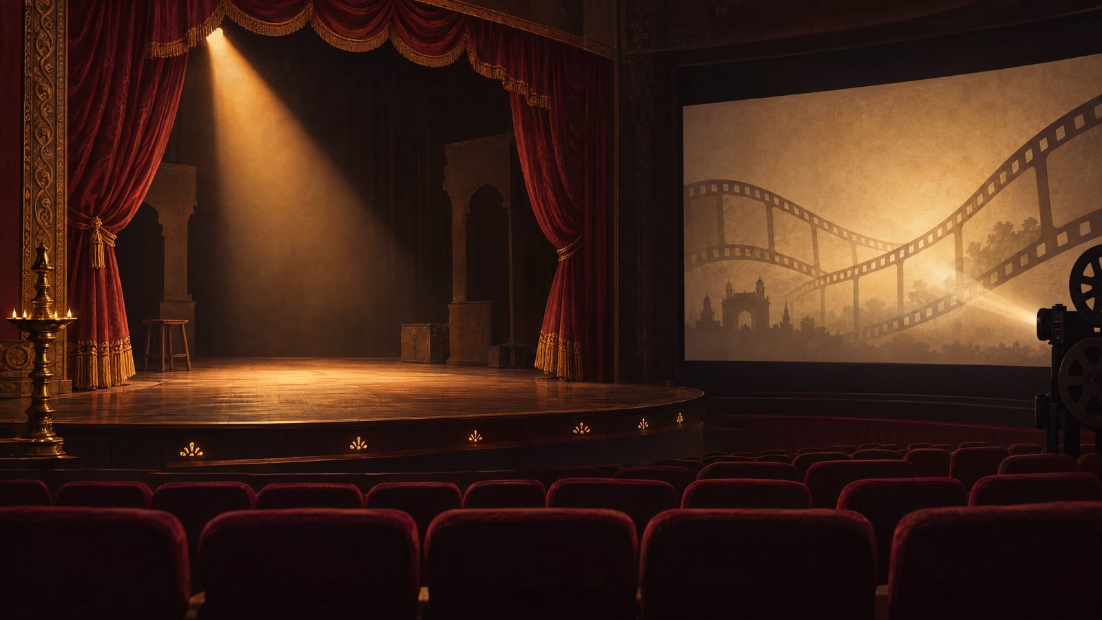 Empty theatre stage beside a cinema screen, lit by a spotlight, illustrating Nana Patekar’s legacy across cinema and theatre.