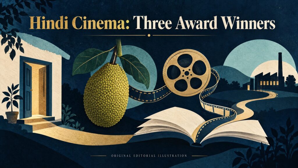 Original editorial illustration for National Award-winning Hindi movies: a home doorway, jackfruit, open book and path to a factory, connected by a film reel.