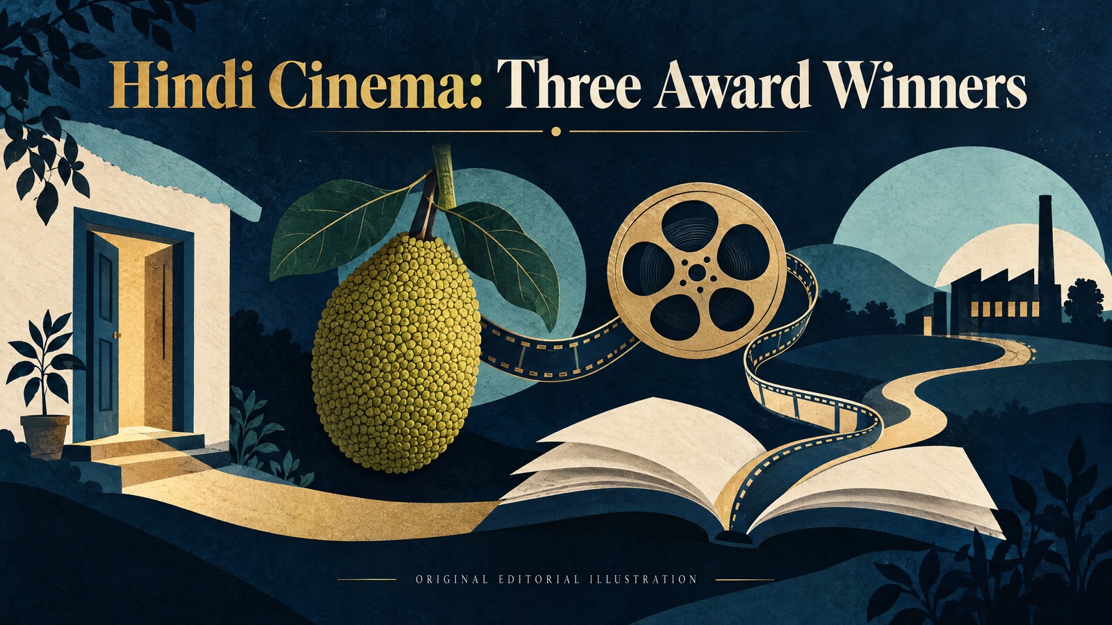 Original editorial illustration for National Award-winning Hindi movies: a home doorway, jackfruit, open book and path to a factory, connected by a film reel.