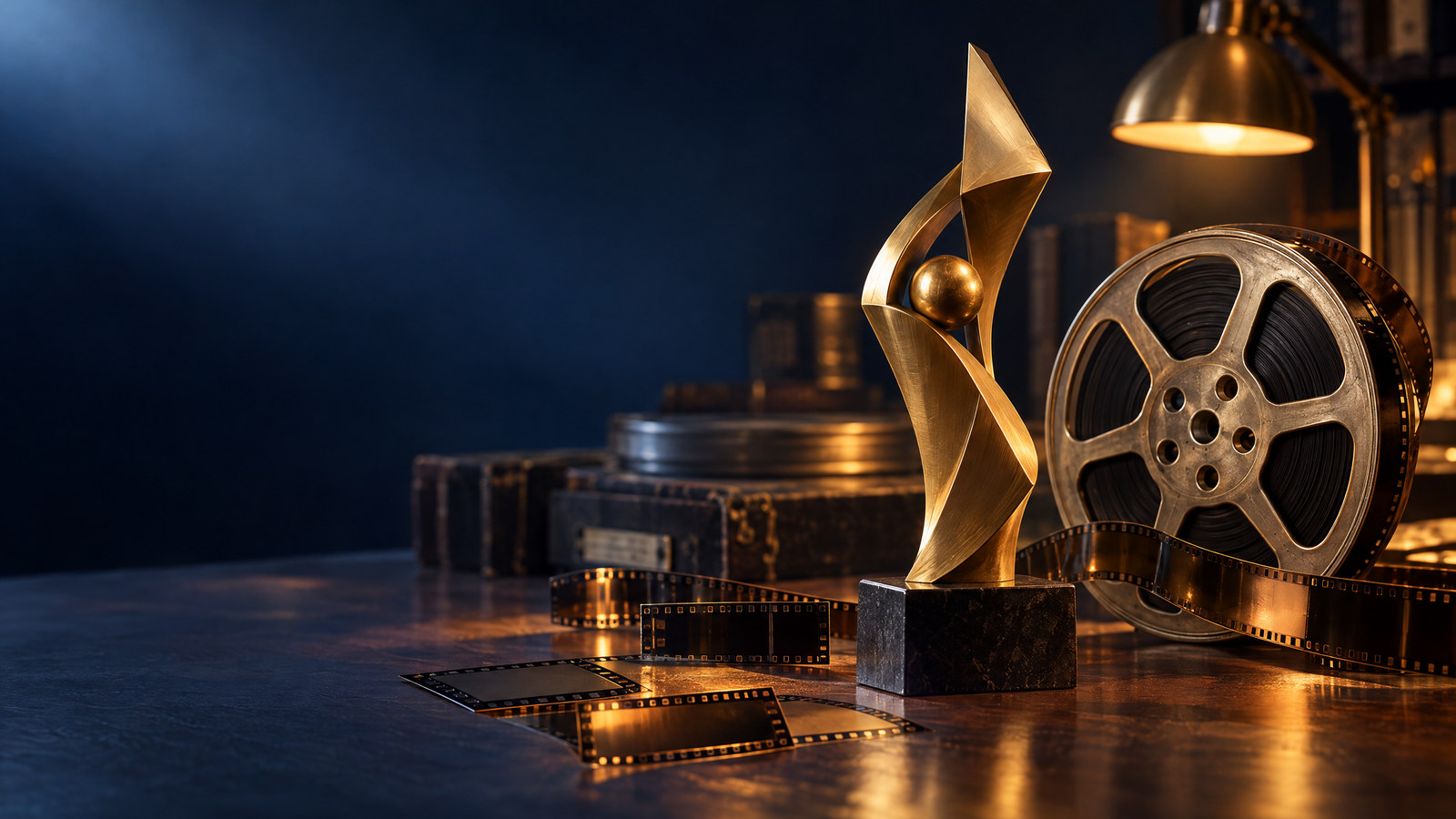 Original editorial artwork of a gold film trophy beside a reel and film strips, illustrating the 72nd National Film Awards winners.